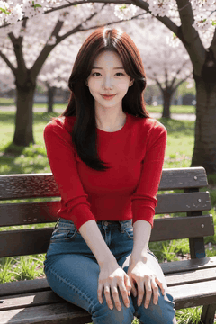 AI generated video: A young woman wearing a red t shirt is sitting on a bench and smiling, Cherry…