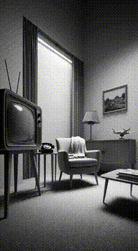 AI generated video: A 1950s-style domestic interior in high-contrast black and white. Suddenly, the…