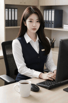 AI generated video: Female office worker sitting at a desk and typing on a keyboard, Her long hair…