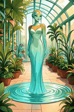 AI generated video: Inside a greenhouse dripping with holographic mist, a model poses among alien…