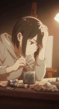 AI generated video: Sepia tone. An artist girl sits frustrated before a grey canvas, dipping her…