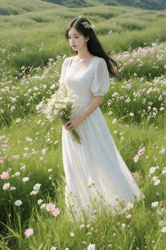 AI generated video: A woman in a white dress walks slowly through the flower garden, The long hair…