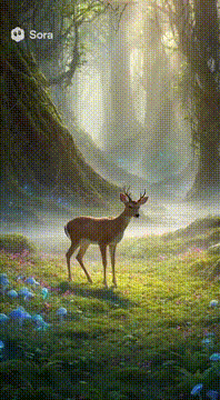 AI generated video: 背景を幻想的な風景の森の中に移し、シカは走り出す。