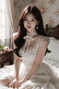 AI generated video: A woman in a white lace dress is sitting on the bed, The long hair flutters in…