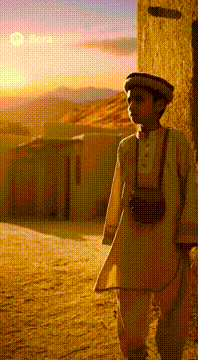 Видео, сгенерированное нейросетью: A cinematic vertical video (30 seconds) set in a dusty Afghan village at…