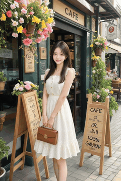 AI generated video: A young woman in a white dress is standing in front of a cafe and smiling, The…