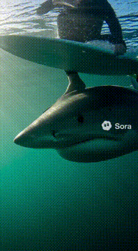 AI generated video: Slow motion footage of hyper realistic wave with ocean spray. Shark should be…