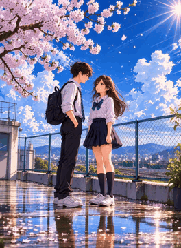 Видео, сгенерированное нейросетью: z1os, 100% anime, romantic cinematic scene on a Japanese school rooftop. A…