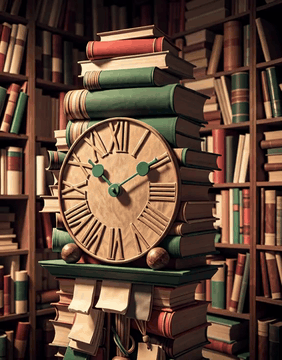AI generated video: BooksWorld, a grandfather clock with a tall case of forest-green clothbound…