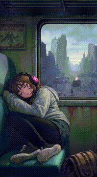 AI generated video: uma menina estilo anime dormindo em um trem trailer viajando a cidade fora é…
