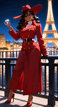 Видео, сгенерированное нейросетью: Carmen Sandiego stands confidently on a nighttime Paris balcony overlooking the…