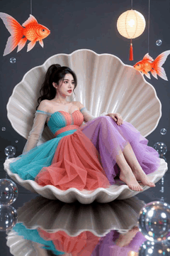Видео, сгенерированное нейросетью: A woman dressed in layers of tulle dyed in gradients of cyan, coral, and lilac…