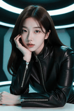 AI generated video: A young woman in a leather jacket is leaning against a table, hair shakes…