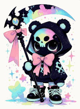 AI generated video: A wanted dead or alive poster of a Chibi reaper named Rainbow Puff Pearl with…