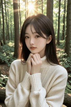 AI generated video: A young woman sitting in the woods poses quietly,, Her hair is slightly swaying…