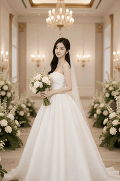 AI generated video: The bride stands in the hallway of the wedding hall and smiles, and the flower…