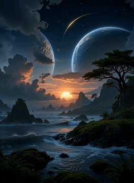 AI generated video: z1os, imagination, epic world, halos of light in the darkness of space, sunset…