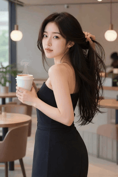 AI generated video: Woman holding coffee and sweeping her head, The coffee cup is steaming, and…