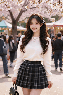 AI generated video: A young woman is walking slowly in the park, Cherry blossom branches swaying in…