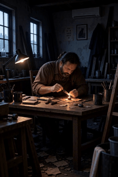 AI generated video: beautiful woman in A decrepit workshop, where a hunched figure crafts cursed…