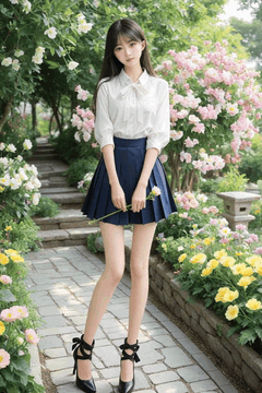 AI generated video: A young woman is standing on the garden path holding flowers,, The surrounding…