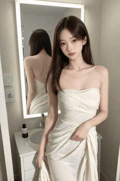 AI generated video: A young woman in a white dress turns her body slightly in front of a mirror…