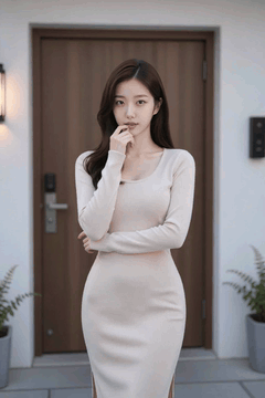 AI generated video: A long haired woman stands at the doorstep and brings her finger to her mouth…