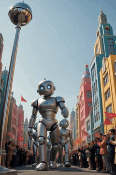 AI generated video: [Shot 1] furestify style, Scene: A vibrant retro-futuristic boulevard lined…