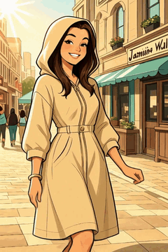 AI generated video: Jasmine walking through the marketplace in disguise, playful smile under her…