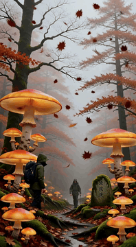 AI generated video: c1tr0nL4nd, misty autumn forest with towering orange mushrooms, bare trees and…