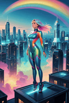 AI generated video: Full-body dynamic jump shot, model in aerodynamic rainbow-tinted bodysuit…
