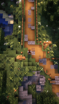AI generated video: minecraft, mc, top view, a girl walking on a road full of flowers,