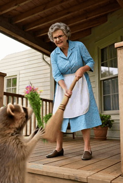 AI generated video: An angry granny attacks a raccoon with a broom on her porch, shouting "Get away…