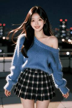 AI generated video: A young woman is walking on a rooftop and the city lights are flashing in the…