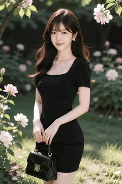 AI generated video: A young woman in a black dress is standing in a field of flowers, Her long hair…
