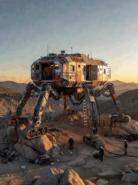 AI generated video: A massive, futuristic, walking dwelling is parked confidently across a rugged…