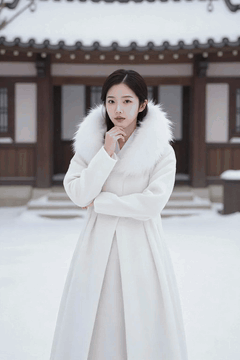 AI生成视频：A woman wearing Hanbok stands in the snowy hanok yard and changes her posture…