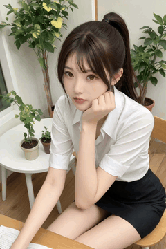 AI generated video: A woman with a ponytail sits at her desk and tilts her head and, the…