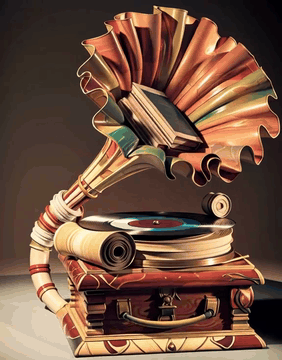 AI generated video: BooksWorld, a gramophone with a huge flared horn of peach and gold illuminated…
