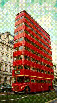AI generated video: a london red typical bus but with 10 floors is driving around the city fast…