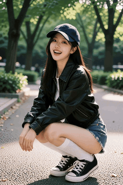 AI generated video: A young woman wearing a blue hat squats on the side of the road and smiles…