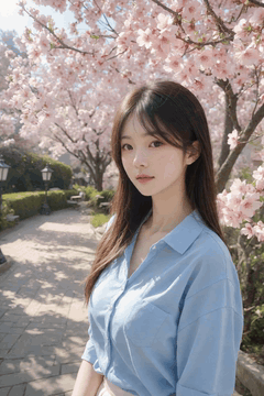 AI generated video: A young woman wearing a blue shirt is standing under a cherry blossom tree…