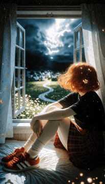 AI generated video: Soft piano music plays. The girl sits hugging her knees, watching the stormy…