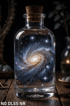 AI generated video: A beautiful swirling galaxy inside a crystal glass bottle, standing on a wooden…