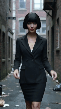 AI generated video: A confident modern blue-eyed woman in black overcoat with black skirt with…