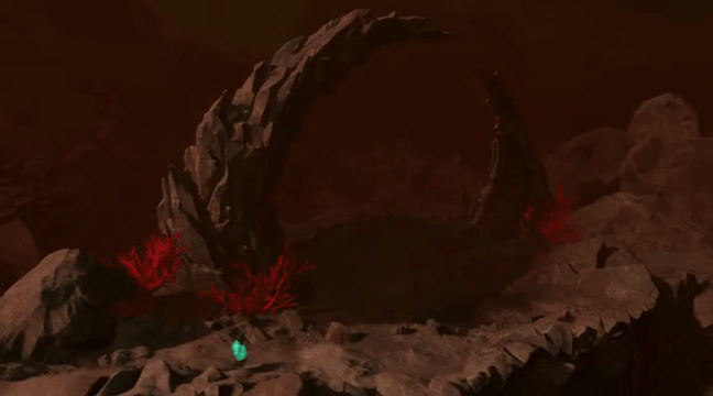 AI generated video: b0twC1tr0n. A dark rocky canyon glows with an ominous reddish haze, its jagged…