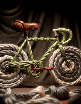 AI generated video: WoolWorld, a bicycle leaning against nothing, frame of twisted sage-green yarn…
