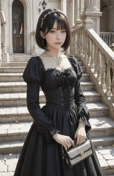 AI generated video: A beautiful woman in a flowing dark gothic dress slowly and gracefully turns…