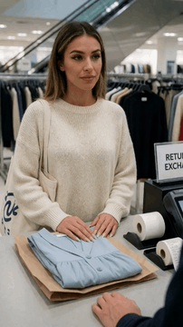 AI generated video: She speaks to the assistant off-camera, polite and matter-of-fact. "I'd like to…