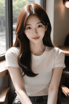AI generated video: A young woman sits in a cafe and smiles, her long hair swings slightly in the…